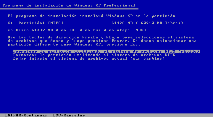 Instalar Windows XP, 06, Elegir formato de particion