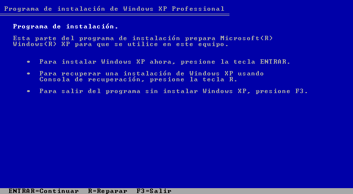 Instalar Windows XP, 03, menu inicial, elegimos instalar