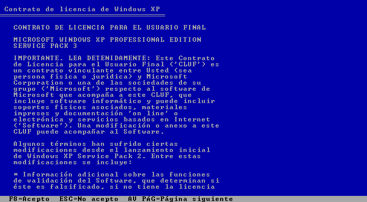 Instalar Windows XP, 04, F8n para aceptar la licencia