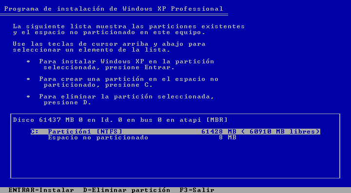 Instalar Windows XP, 05, Elegir particion para instalar Windows