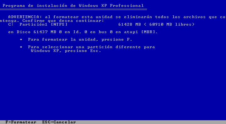 Instalar Windows XP, 07, Aceptar formatear la particion