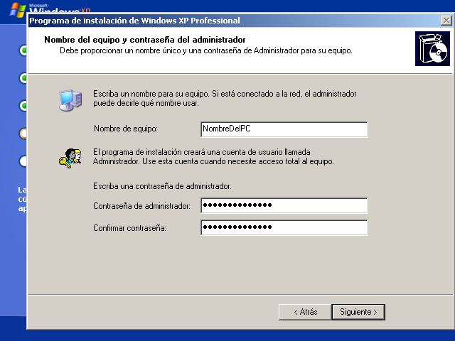 Instalar Windows XP, 14, Nombre del PC y contraseña Administrador