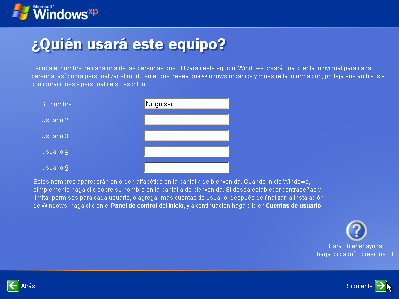 Instalar Windows XP, 27, Nuevos usuarios